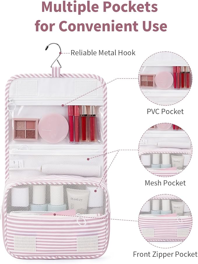 Narwey Small Hanging Toiletry Bag for Travel Women Girl, Striped Toiletries Travel Bag with Hook, Hanging Makeup Bag Organizer Make Up Cosmetic Bags (Dusty Pink Stripe)