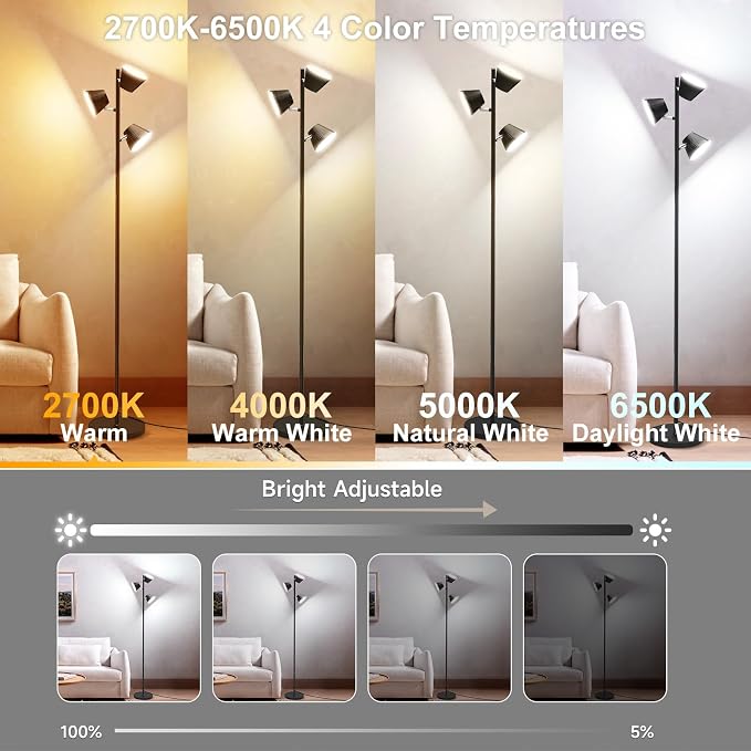 LED Tree Floor Lamp, 42W 4500lm Dimmable Standing Lamp with Remote & Touch Control, Modern Super Bright 3 Rotatable LED Light Floor Lamps for Living Room, Bedroom, Office, Reading Room