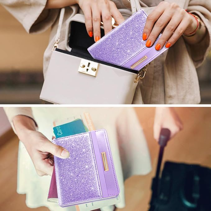 Passport Holder Cover,Traveling Passport Case Glitter Cute Passport Wallet for Women Purple