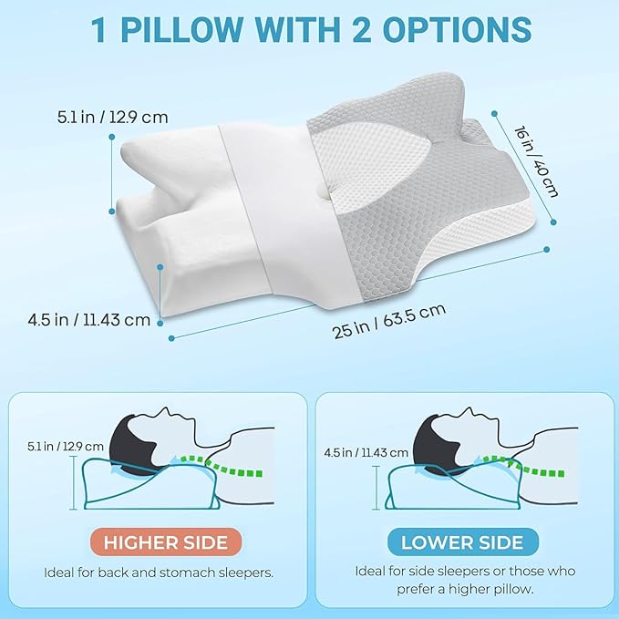 Elviros Cervical Memory Foam Pillow, 2 Pack Pillows for Neck and Shoulder Pain, Ergonomic Orthopedic Sleeping Neck Support Pillow for Side Sleepers, Stomach Sleepers (Dark Grey)