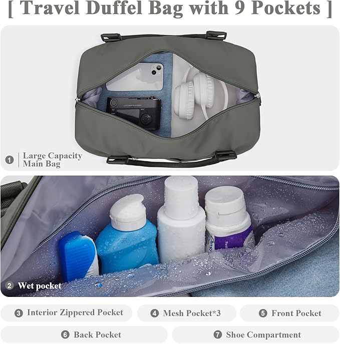 Travel Duffel Bag with Shoes Compartment, Carry on Overnight Weekender Bags for Women, For Spirit Airlines 18x14x8 Personal Item Bag