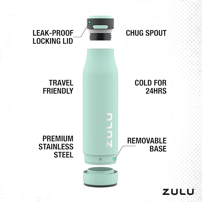 ZULU Ace Vacuum Insulated Stainless Steel Water Bottle with Chug Spout, Leak-Proof Locking Lid and Removable Base for School, Backpack, Sports, Gym, Travel