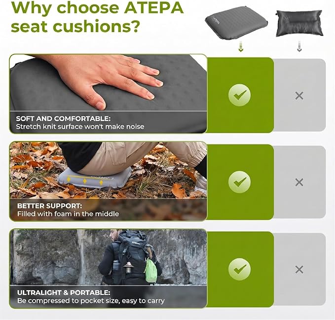 ATEPA Inflatable Seat Cushion, Self-Inflating Portable Stadium Airplane Travel Foam Cushion Pad for Camping, Sports Events, Outdoor