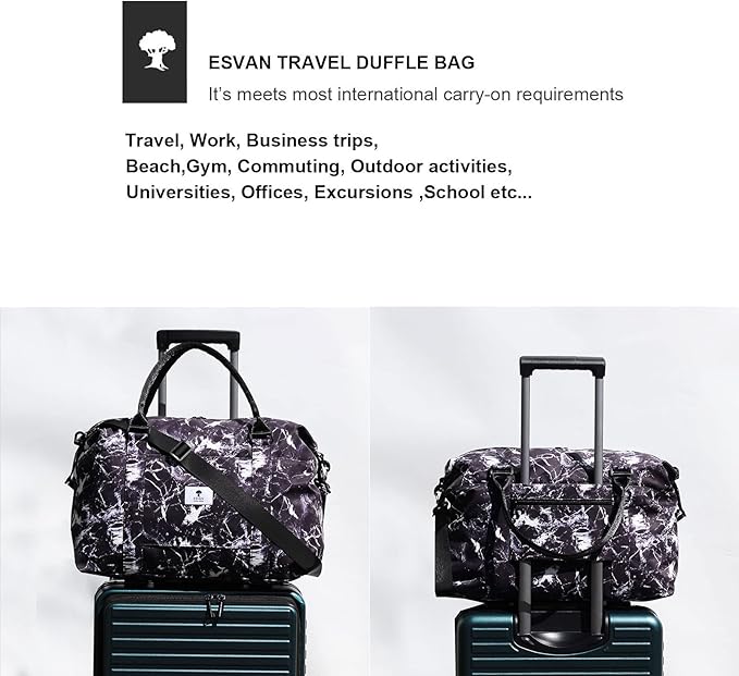ESVAN Travel Tote Duffel Gym Bag,Weekender Overnight Carry-on Tote Crossbody Bag with Wet Pocket and Trolley Sleeve Upgraded