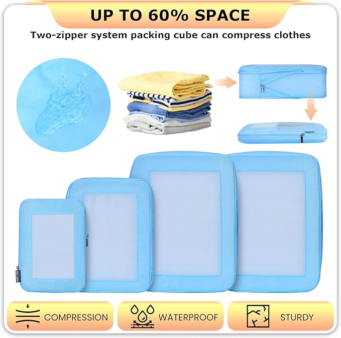 4 Set Ultralight Compression Packing Cubes Travel for Suitcases ，Compressible Mesh Packing Cubes for Travel Women Packing Organizers (Blue)