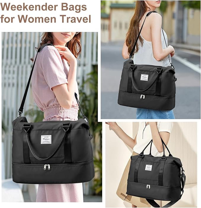 Weekender Bags for Women, Travel Duffel Bags with Shoe Compartment,Personal Item Travel Bag for Airlines, Carry on Overnight Tote Bag for Women，Black