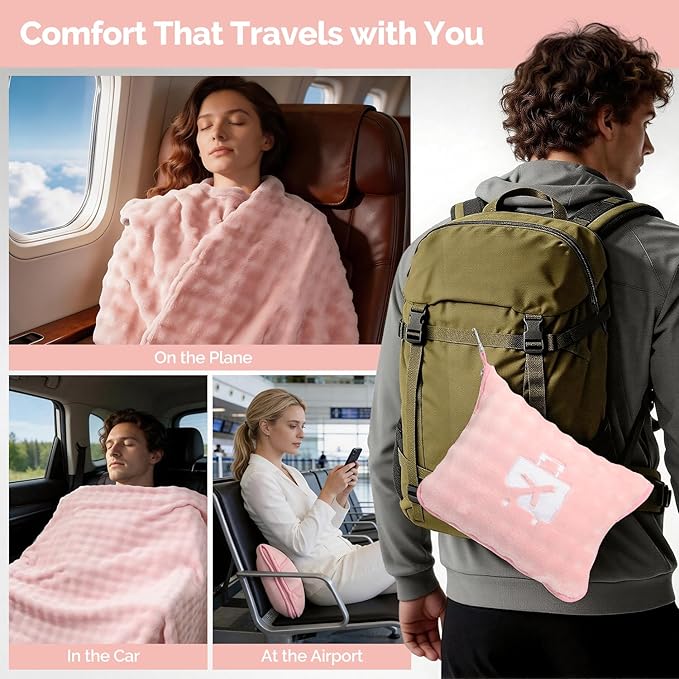 Pink Travel Blanket for Airplane, Soft Lightweight Flannel Blanket, Compact & Portable with Storage Bag, Luggage Strap & Clip, Cozy Travel Essential for Flights, Road Trips & More,40.7" x 64.1"