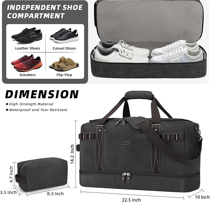 ZOMFELT Travel Duffle Bag for Men, 55L Waterproof Canvas Overnight Duffel Bag with Removable Dividers & Shoe Compartment, Carry On Weekender Gym bag, Multi-Pocket & Vintage Design (Washed Black)