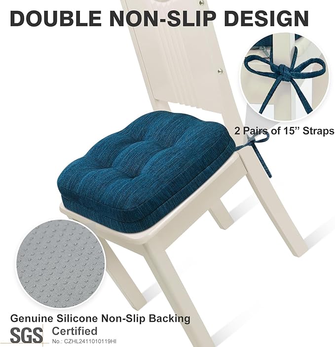 Shinnwa Dining Chair Cushions Set of 4, Dual-Layer Memory Foam Kitchen Chair Cushions, Patented Design Seat Pads with Ties, 16.5 x 16.5 x 3.5in, 4 Pack, Navy Blue
