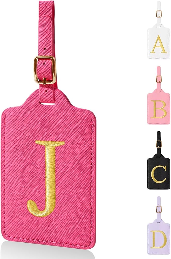 Personalized Initial Luggage Tags for Suitcases,Leather Letter Cute Luggage Tags with Privacy Name Card,Embroidered Monogrammed Travel Bag Backpack Tag Gifts for Women Kids Girls Teens(Rosered-J)