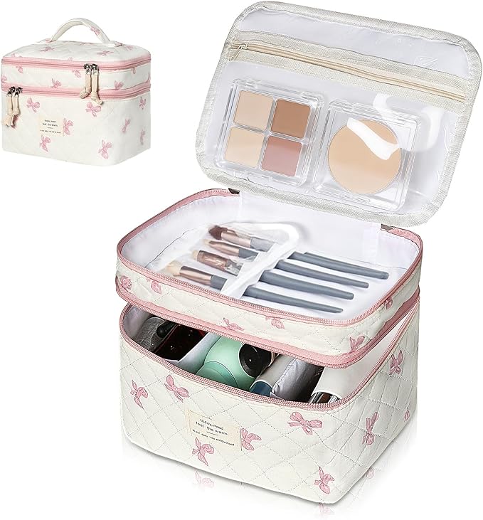 Makeup Bag, Portable Travel Make up Bag, Large Capacity Quilted Cosmetic Organizer Bag, Cute Floral Toiletry Bag for Women Girls (Pink Bow)