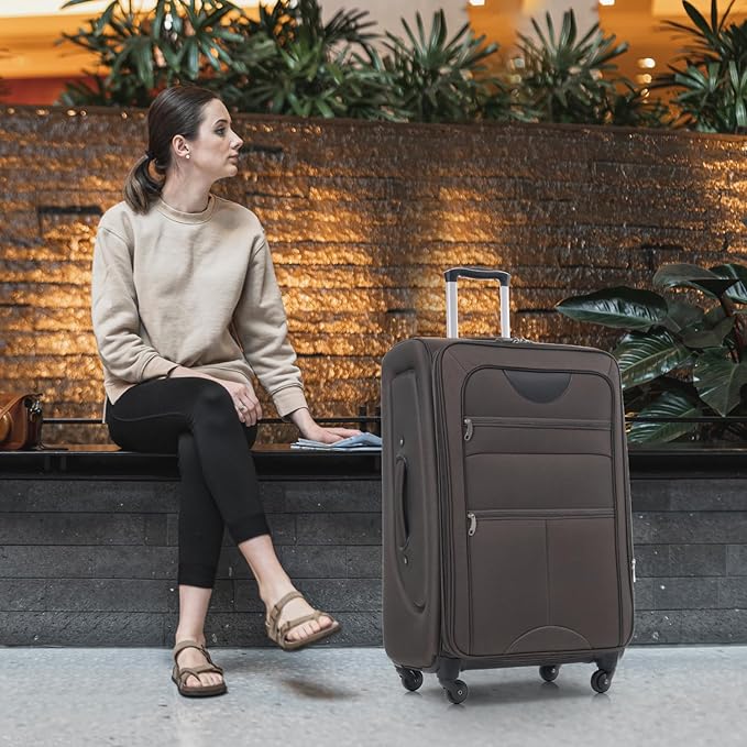 Softside Luggage Sets 3 Piece - 20" Carry-On, 24” & 28” Checked Luggage Set, Expandable Luggage Lightweight Suitcase with Spinner Wheels & TSA Lock for Family Extended Travel (Brown)