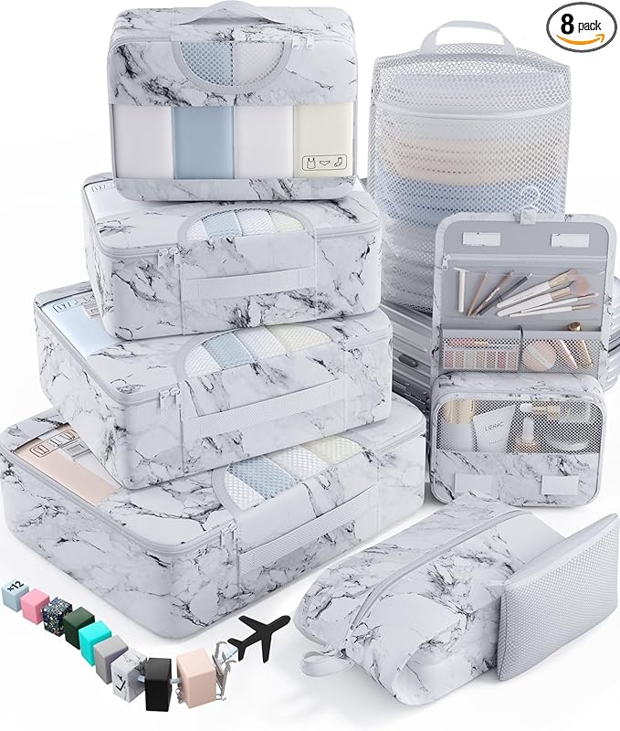 Veken 8 Set Packing Cubes for Travel Essentials, Suitcase Organizer Bags in 4 Sizes, Carry-On Luggage Accessories with Large Laundry & Hanging Toiletry Bag, Must-Have for Airplane, Road Trip & Camping