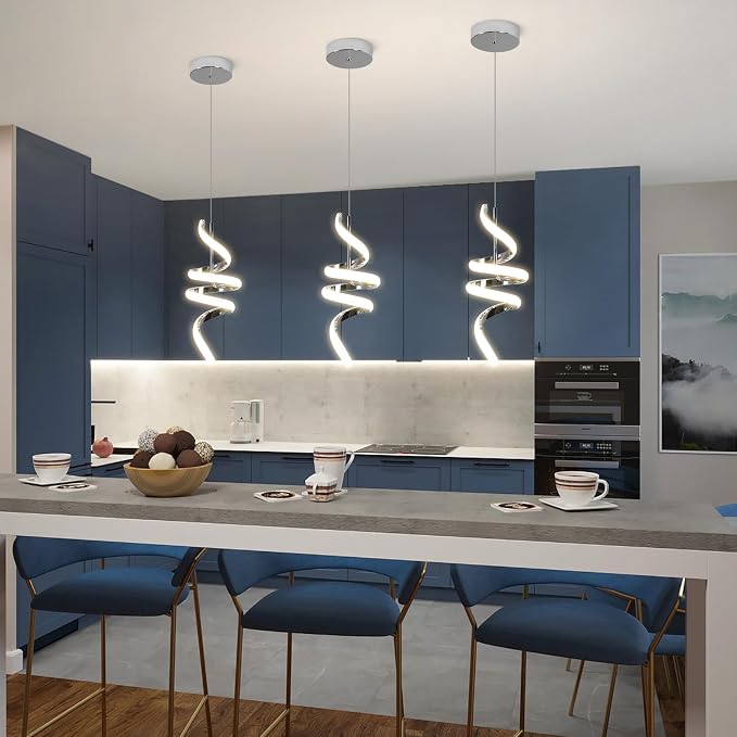 Modern Spiral LED Pendant Lights Kitchen Island, 22W Adjustable Height Hanging Light Fixture 5500K Chrome Chandelier for Dining Room Cafe Table, 3 Pack