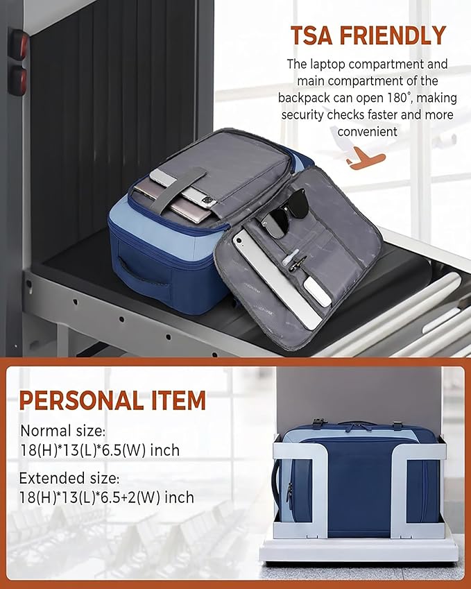 Vancropak 40L Carry On Travel Backpack, Flight Approved Expandable Weekender Bag with 3 Packing Cubes, Suitcase Backpack Fits 17" Laptop, Water Resistant Anti Theft Daypack Bag for Men Women, Blue