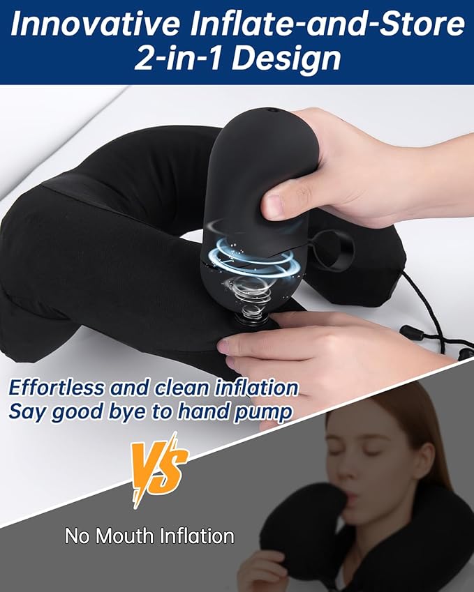 Inflatable Travel Neck Pillow for Airplane with Adjustable 360° Head & Neck Support, 2-in-1 Air Pump and Storage Bag, Soft Removable Washable Cover for Airplane, Train, Car, Office (Black)