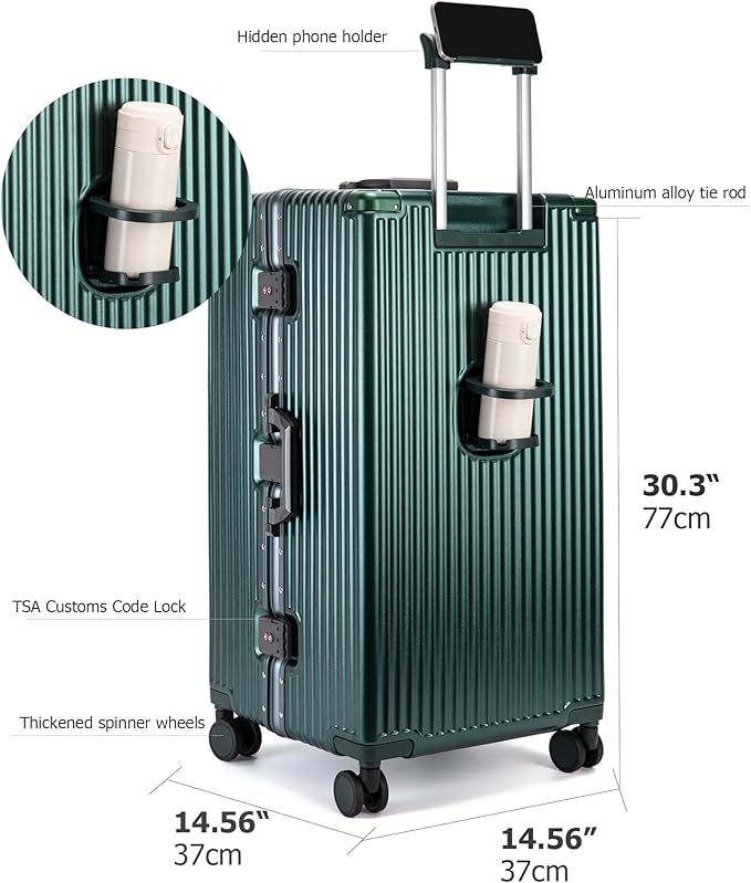 feilario 30in Super Large Captain Aluminum Frame Hardside Spinner Wheels Luggage, Removable Wheels Zipperless Checked Suitcase with Cup Holder/Phone Holder (Forest Green,30in)