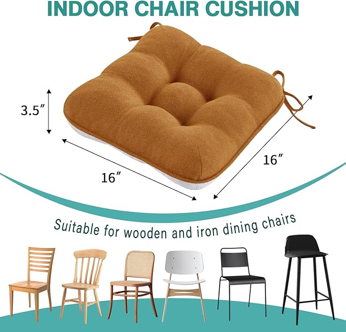 BETU Chair Cushions for Dining Chairs Set of 4,3.5" Thick Kitchen Table Chair Pads with Ties,Non Slip Backing and Covers, Seat Cushion for Dining Room,Bar,Patio Chairs,16"X16"X3.5",Caramel