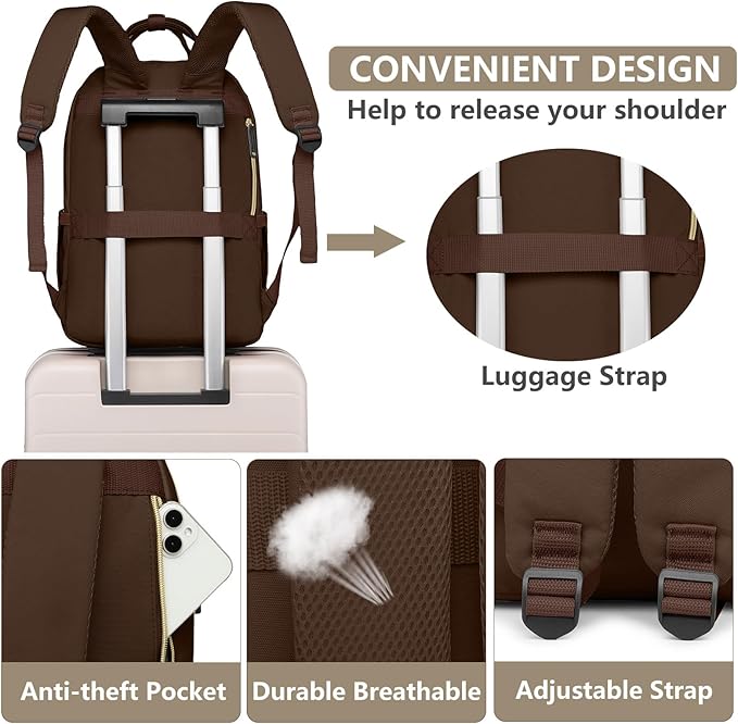 Laptop Backpack for Women Work Bag - 15.6 inch Travel Backpack Purse with USB Charger College Bookbag Waterproof Cute Casual Daypack Fashion Business Computer Backpacks for Teacher Nurse Brown Khaki