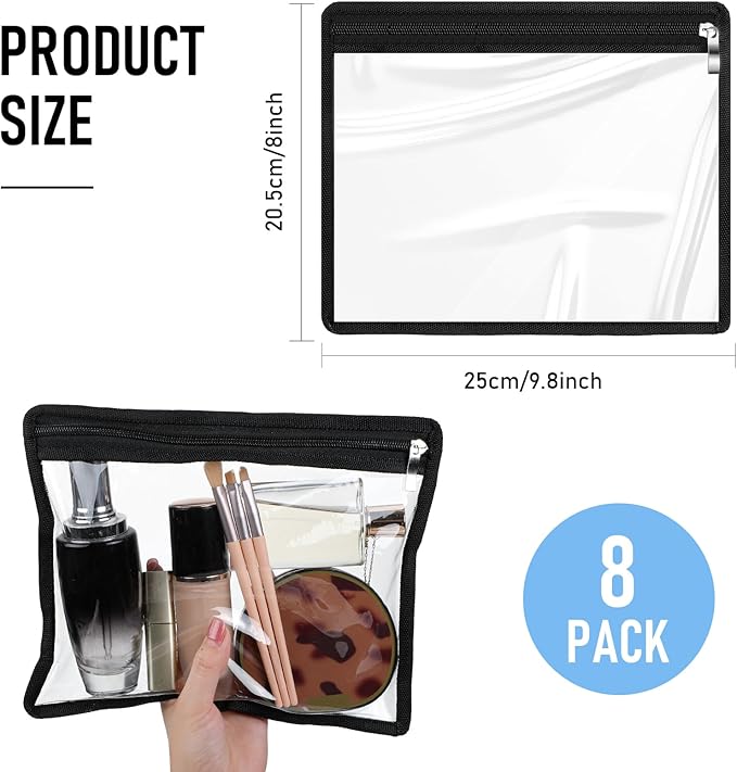 Outus 8 Pcs Clear Zipper Pouches Pencil Pouches PVC Makeup Pouch Envelopes Folder Storage Multi Purpose Pouch Document File Organization Bags, Office Supplies (Black Edging, 9.8 x 8 Inches)