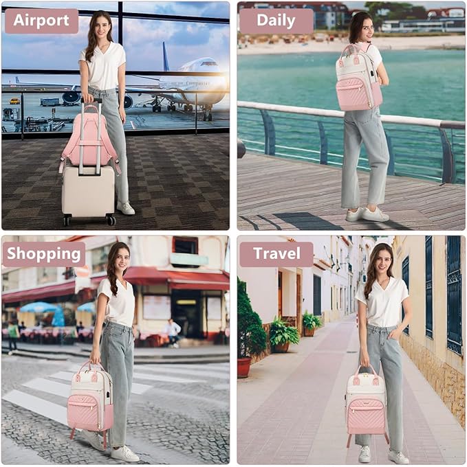 Backpack for Women Laptop Bag: Work Travel Backpacks Fits 17 inch Computer Waterproof College Bookbag with USB Charger Anti-theft Business Casual Backpack Purse for Nurse Teacher Beige Pink