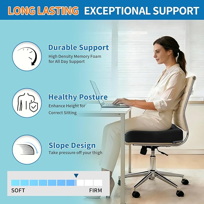 YOUFI Extra Thick Large Seat Cushion -19 X 17.5 X 4 Inch Gel Memory Foam Cushion with Carry Handle Non Slip Bottom - Pain Relief Coccyx Cushion for Wheelchair Office Chair (Black (1PACK))