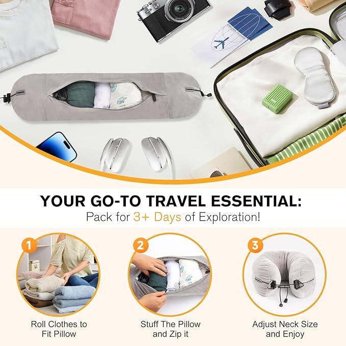 DreamShore Travel Pillow for Extra Luggage: Stuffable Neck Pillow with Adjustable Neck Size | Fits 3+ Days of Travel Essentials | Transformable Carry-On Solution | Soft Velvet Cover | No Filler