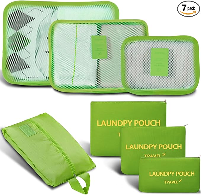 7 Set Packing Cubes for Travel Luggage Packing Bags Reusable Waterproof Suitcase Organizer Bags Set with Shoe Bag and Toiletry Bag (Green)