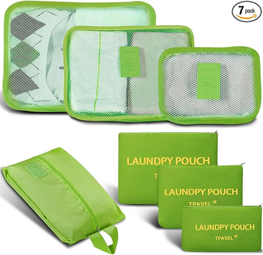 7 Set Packing Cubes for Travel Luggage Packing Bags Reusable Waterproof Suitcase Organizer Bags Set with Shoe Bag and Toiletry Bag (Green)