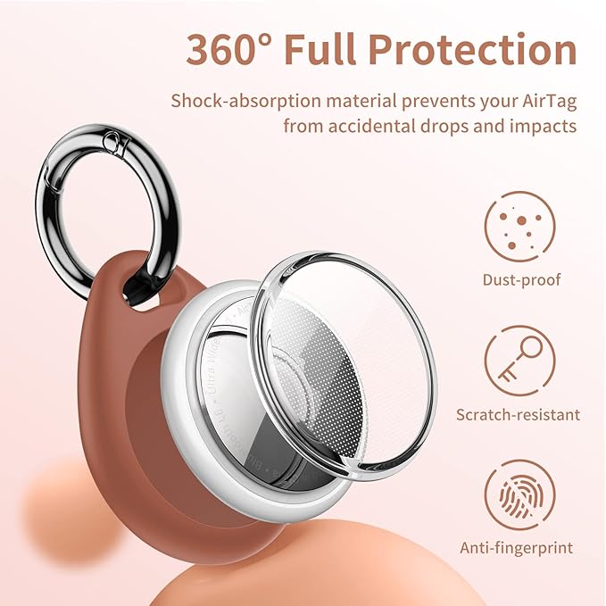 UNBREAKcable Holder for Apple AirTag - 4 Pack [Fit Tightly Design] [Easy to Install] [Hold Air Tag Securely] Waterproof TPU Shell Protective Case with All Metal Keychain Key Ring Clip (Black&Brown)