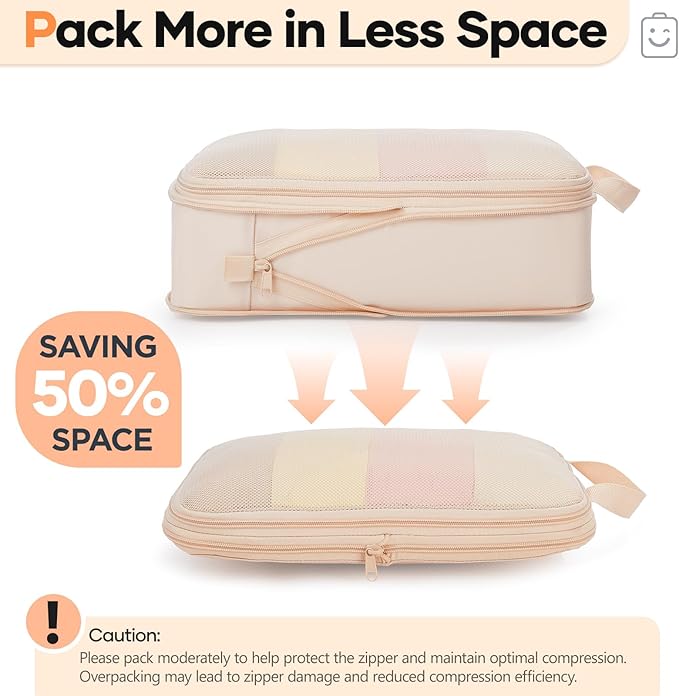 Veken 6/9/11 Set Compression Packing Cubes for Travel Essentials,Compressible Expandable Large Luggage Suitcase Organizer Bags for Clothing,Durable Space Saver Storage Bags(Beige)