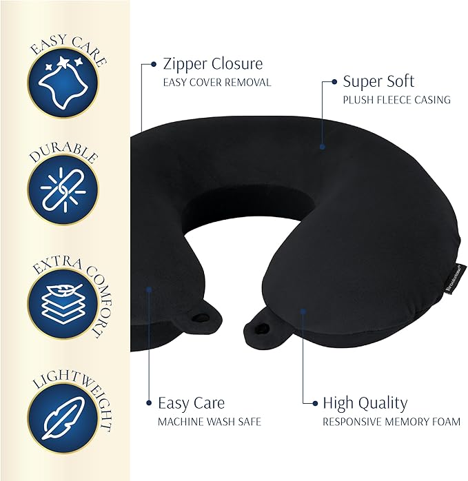 Brookstone Travel Neck Pillow - Lightweight Fleece Casing U-Shaped Stuffable Memory Foam Travel Pillow for Sleeping and Neck Support, Black