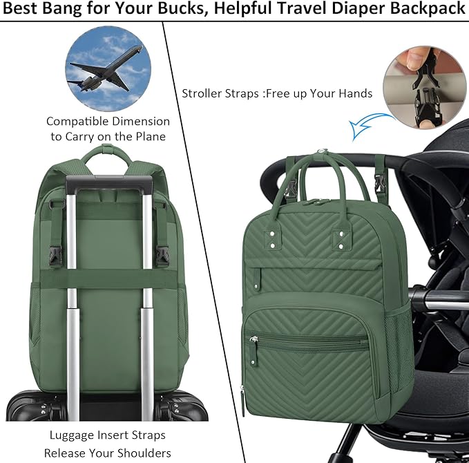 Diaper Bag Backpack Tote with Insulated Pockets for Men Baby Boys Girls Newborn Unisex Tactical Large Capacity, Multifunctional Waterproof Green