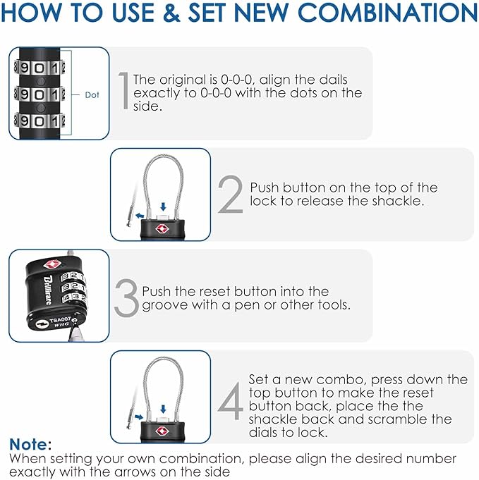 2 Pack TSA Approved Luggage Locks, Combination Travel Cable Lock, 3-Digit Waterproof Padlock, Zinc Alloy Outdoor Keyless Resettable Lock for Travel, Lockers, Bags, Backpack, Gym, Gate-by BRILLIRARE