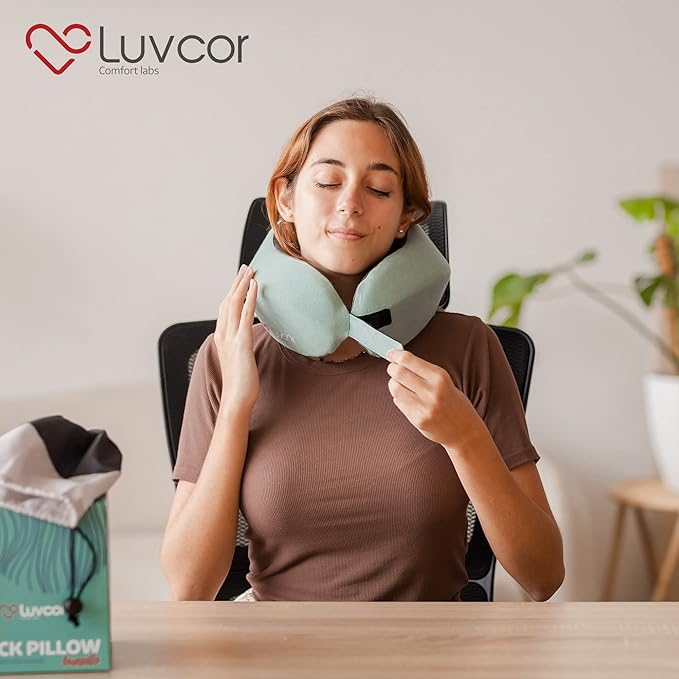Premium Quality Memory Foam Travel Neck Pillow Bundle - Best Ergonomic Pillow for Airplane Travel, car Ride, Sleeping. Comes with Eye mask, earplugs and Storage Bag. (Imperial Green)