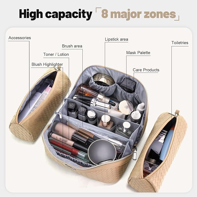 BOYATU Travel Makeup Bag Cosmetic Bags for Women: Large Capacity 3 Pcs Set Make up Bag with Compartments - Waterproof Vegan Leather Toiletry Organizer Bags with Handle (L12 Apricot)