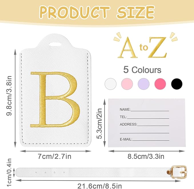 Initial Luggage Tags for Suitcases, Cute Embroidered Letter Luggage Bag Suitcase Identifier Name Baggage Tag, PU Leather Travel Luggage Tags, Bag Tags for Men Women Kids Luggage Handbags(White B)