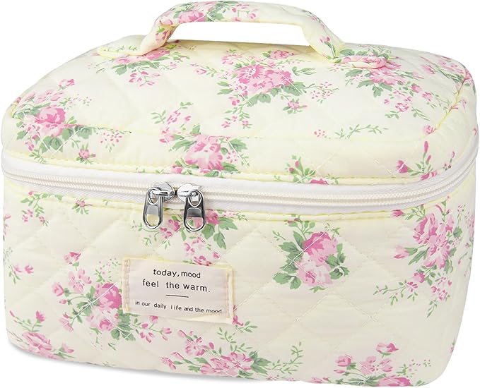 Large Travel Quilted Makeup Bag for Women,Big Floral Cotton Cosmetic Bag, Cute Coquette Aesthetic Floral Toiletry Organizer Bag (Pink pattern)