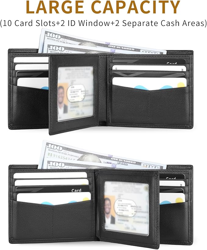 Mens Wallet - Genuine Leather Bifold RFID Blocking Slim Front Pocket Large Capacity with 10 Card Slots, 2 ID Windows & 2 Cash Pockets - Heavy Duty Stitched Gift for Men (Black)