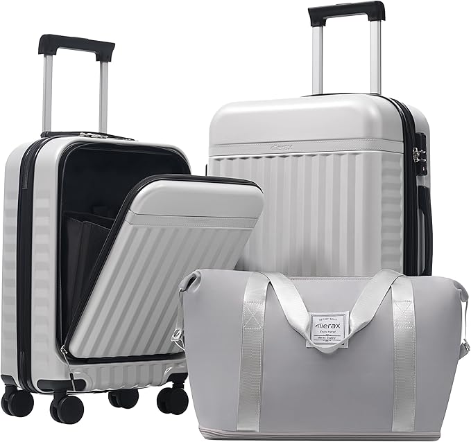 Merax Luggage Sets 3 Piece,Front Open Hardshell Expandable Suitcase with Spinner Wheels and Duffel Bags,Lightweight Carry on Luggage with USB Port,20/24IN,White Grey