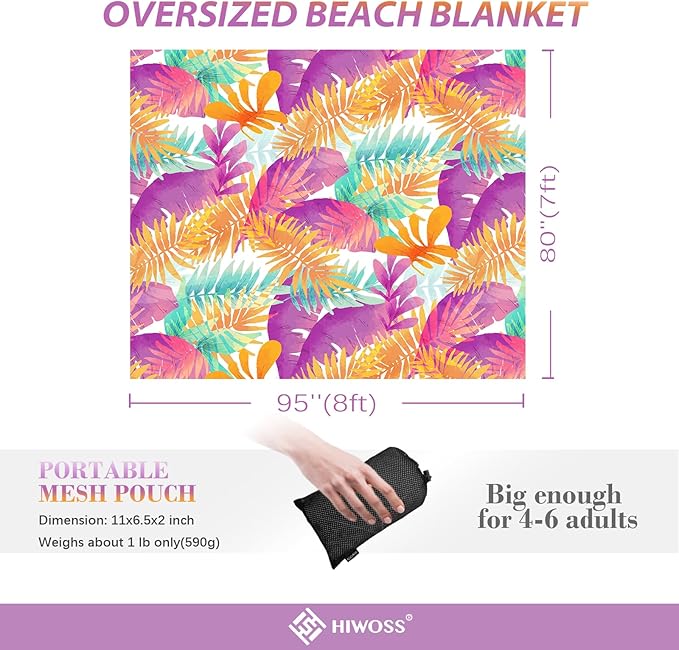 Beach Blanket Waterproof Sandproof Oversized 95”x 80”,Sand Free Beach Mat with Corner Pockets,Portable Mesh Bag for Beach Festival,Picnic,Travel and Outdoor Camping (Tropicalleaf)