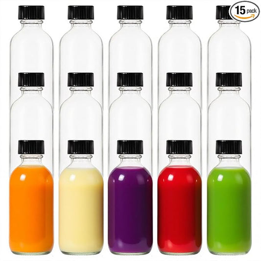 2 oz (60ml) 15 Pack Leak-Proof Clear Glass Boston Round Bottles with lids - Mini Travel Containers for Ginger Shots, Juice, Whiskey, Samples | W/Labels, Funnels & Brushes