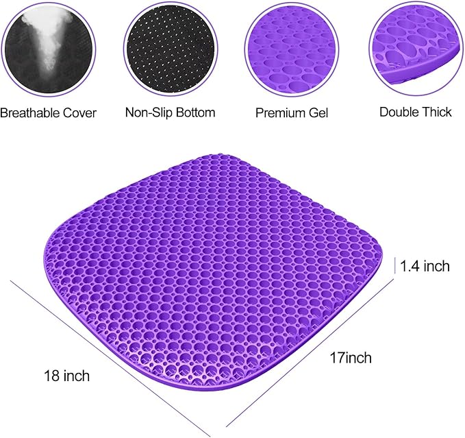 Large Gel Seat Cushion for Long Sitting with Non-Slip Cover, Soft & Breathable, Seat Cushion for Chair, Car, Office, Desk Chair, Wheelchair (18" x 17")
