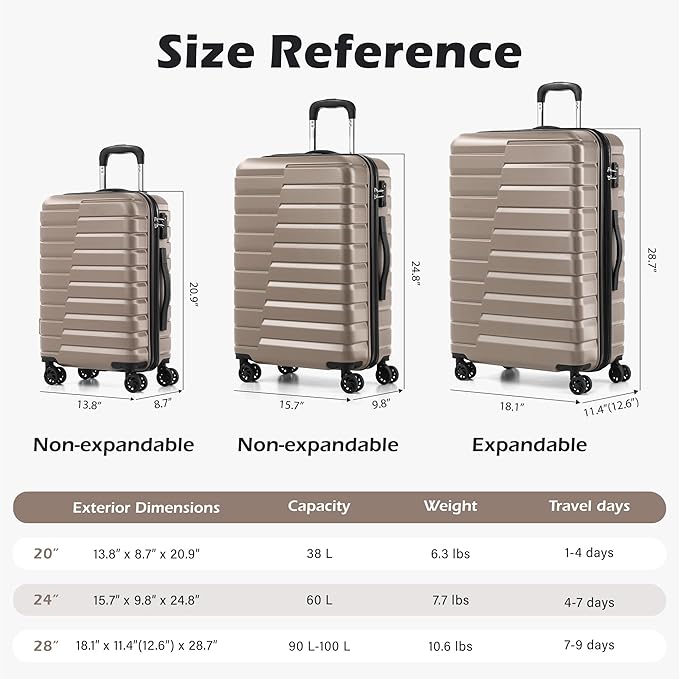 Coolife Luggage Sets, 3 Piece Hard Shell Suitcase Set with Spinner Wheels, Expandable Large Checked Luggage, Lightweight Rolling Carry On with TSA Lock Brown
