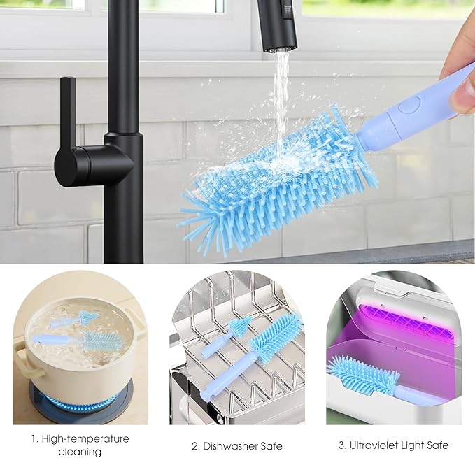 Travel Baby Bottle Cleaner Kit，7-in-1 Baby Bottle Brush Set for Travel and Home, All-in-One Baby Bottle Washing Kit: Integrated Cleaning & Drying System for Bottles and Breast Pump Parts (Blue)