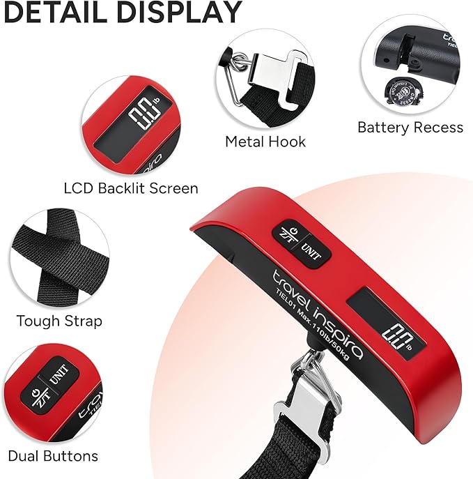 travel inspira Luggage Scale, Portable Digital Hanging Baggage Scale for Travel, Suitcase Weight Scale with Rubber Paint, 110 Pounds, Battery Included