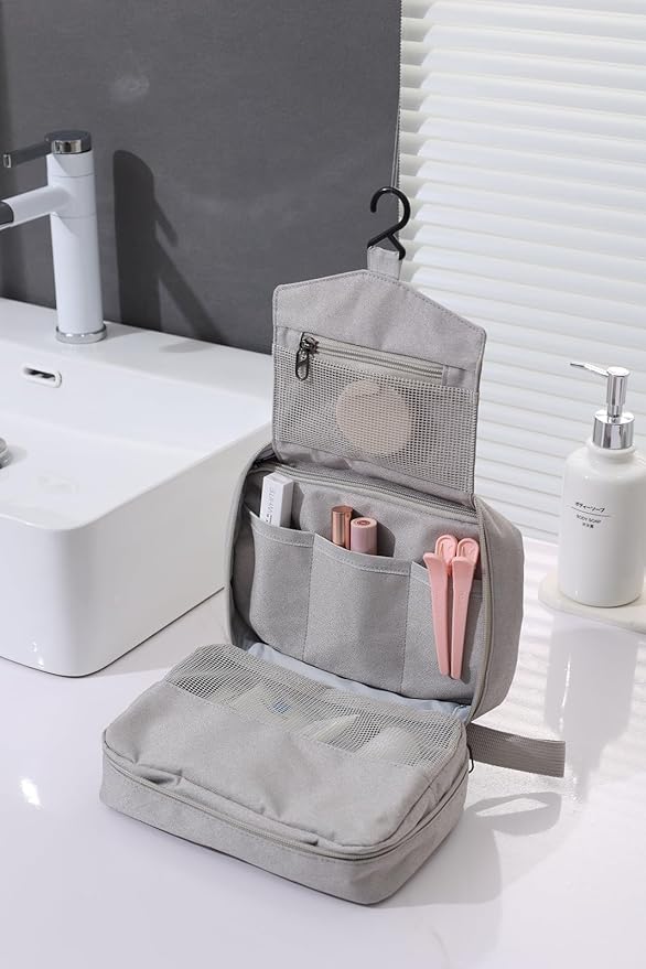 FabDay Travel Toiletry Bag with Hanging Hook Water-Resistant Cosmetic Case Makeup Bag Portable, Travel-Sized Container for Women, Misty Rose Pink