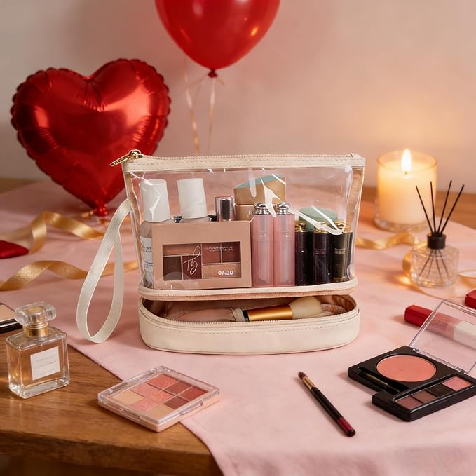 Ethereal Clear Makeup Bag, Cream Small Cosmetic Bag Travel Makeup Bag for Women TSA Approved Toiletry Bag Portable Makeup Pouch