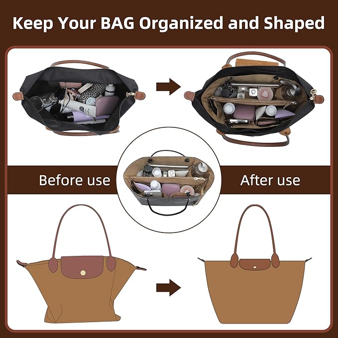 Doxo DupontPaper Purse Organizer Insert for Longchamp LePliage Large,Fixed Handle, Bag Shaper with Key Leash& 16 Compartments, Upgraded Elastic Cup Holder(Black Brown，L)