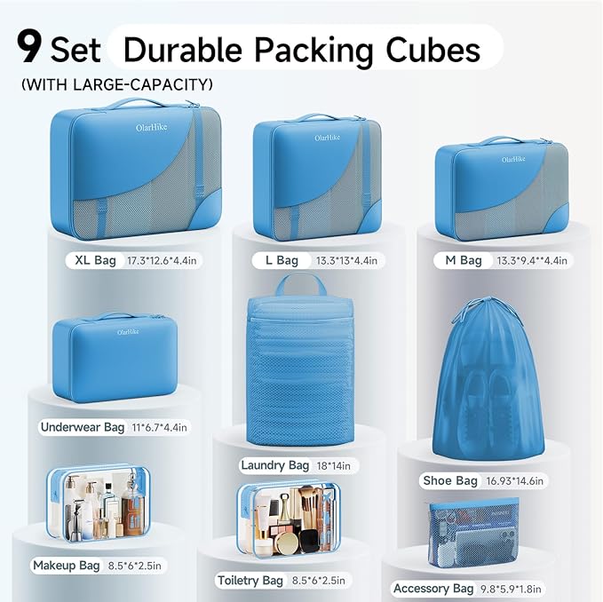 11 Set / 9 Set Packing Cubes for Travel,Gifts for Women Mom Kids,TSA Approved Bags for Makeup, Cosmetic, Toiletry, Organizers for Suitcase Carry On,Cruise Essentials Airplane Accessories,Azure Blue